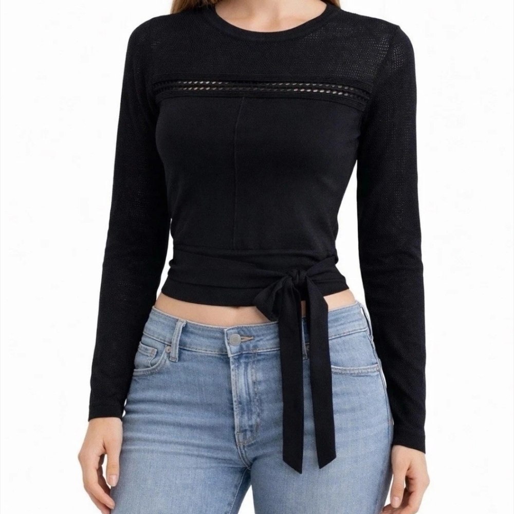 Zara Knit Elegant Cropped Black Long Sleeve Top Wrap Up Strings S Balletcore